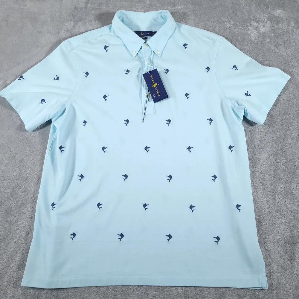 Ralph Lauren Polo Shirt Mens XL Blue Knit Oxford Short Sleeve Marlin Embroidered